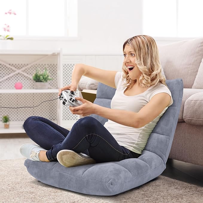 14-Position Floor Sofa Folding Gaming Sofa Chair Comfy Cushions &amp Study Steel Frame Angle Adjustable Sleeper Bed Couch Recliner (Grey)