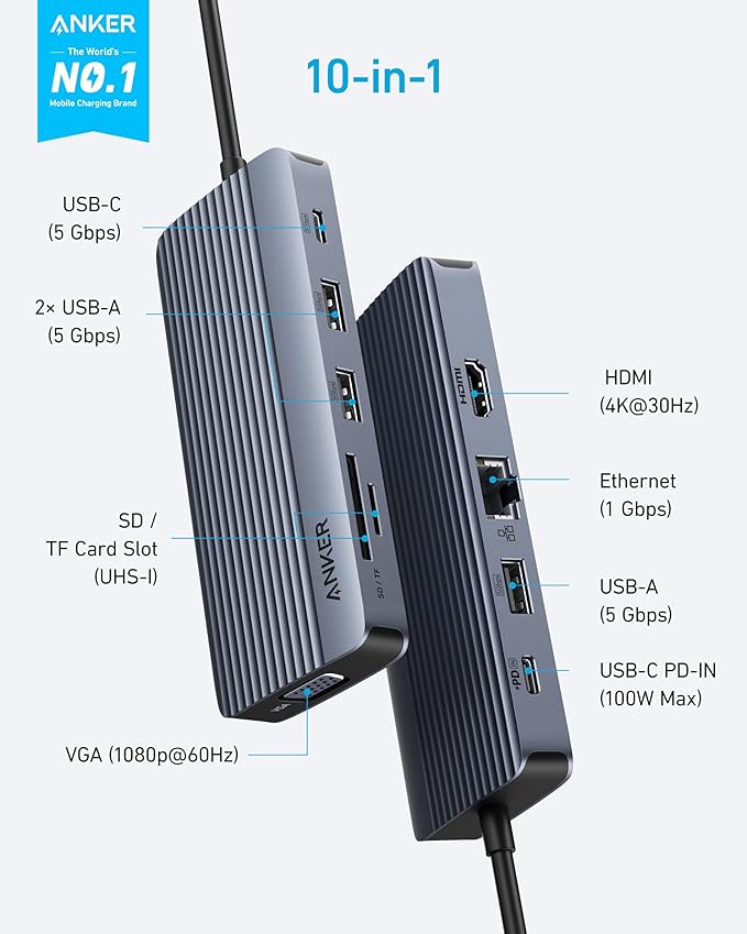 Anker 10-in-1 USB C Hub Dual-Display USB C Docking Station One 4K@30Hz HDMI 1080p VGA 100W Power Delivery 5 Gbps USBC&ampA Data Ports for Dell XPS Dell Vostro 5320 Laptop and More