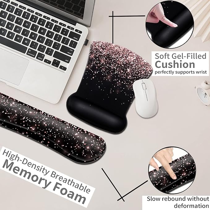 Rose Gold Glitter Mouse Pad with Wrist Support - Ergonomic Gel &amp Soft Memory Foam Keyboard Rest Suitable for Office Typing &amp Gaming Dirt-Resistant