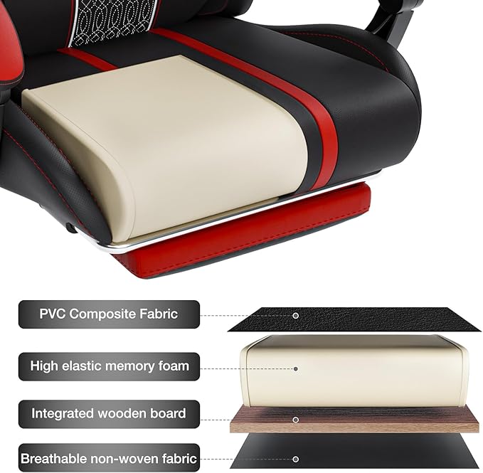 HOFFREE Led Gaming Chair with Speakers and Massage Big and Tall Video Game Chair for 400lbs with Footrest Reclining High Back Computer Chair Red Black