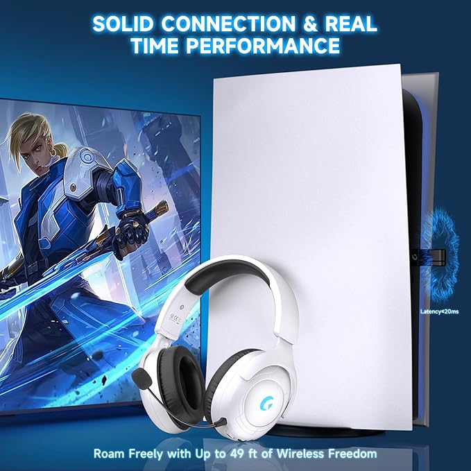 Wireless Gaming Headset for PS5/PS4PCSwitchMac 2.4GHz Gaming Headset with Mic 45H Battery Surround Sound Noise Cancelling Over Ear Headphones Bluetooth 5.3 for Xbox Needs 3.5mm Cable - White