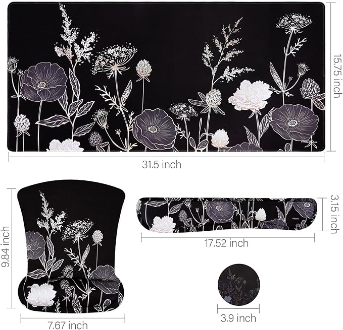 MOSISO Keyboard Mouse Pad Set Large Gaming Mouse Pad&ampKeyboard Wrist Rest&ampMouse Wrist Rest&ampCoaster Ergonomic Non-Slip Retro Flower Floral Mousepad with Raised Memory Foam for Home Office