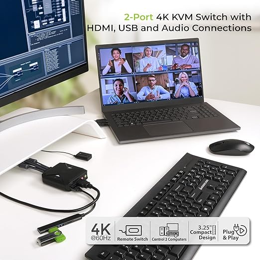 IOGEAR 2-Port 4K USB HDMI Cable KVM Switch with Remote - 4096x2160 @60Hz 2560x1440 @144Hz - USB Hub Peripheral Sharing – 2 Computers Share 1 Keyboard Mouse and Monitor - Attached Cables – GCS92HU