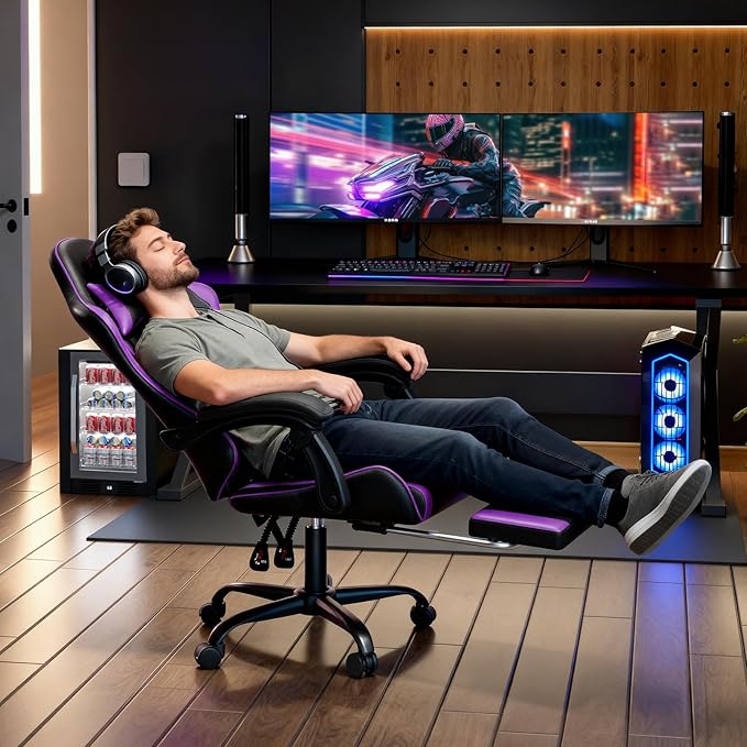 Magshion Gaming Chair for Adults Ergonomic Computer Chair with Linkage Armrests Height Adjustable Gamer Chair with Footrest and Headrest for Home Office 350 Lbs Capacity Purple