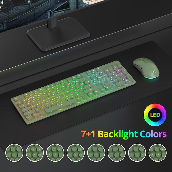 Backlit Wireless Keyboard and Mouse 2.4GHz Light Up Typewriter Rechargeable Cordless Quiet Keyboard with USB Receiver for PC/Laptop(Dark Green)