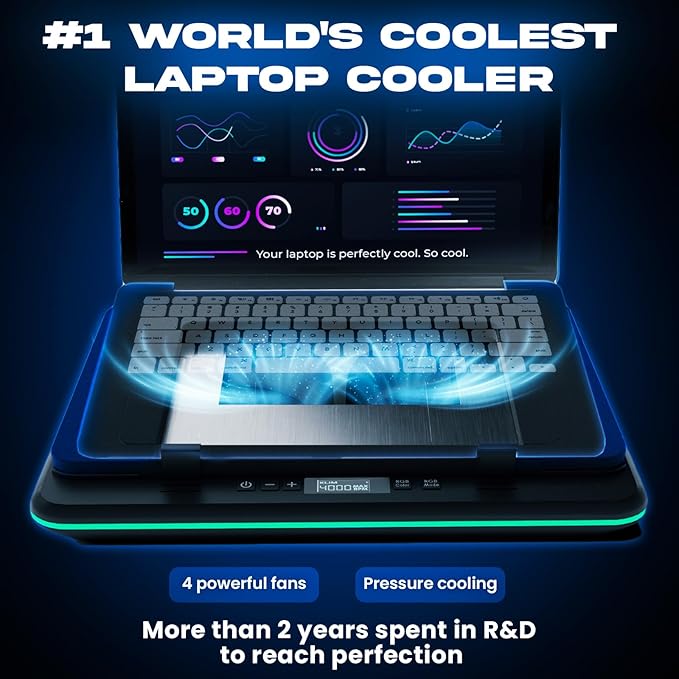 KLIM Turbofrost - Gaming Laptop Cooling Pad - 4 Powerful Turbo Fans - 4 x 4000 RPM Laptop Cooler 2 Power Modes USB-C/DC Dynamic RGB 4-Ports USB Sealed Foam for Fast Cooling for Laptops up to 17in