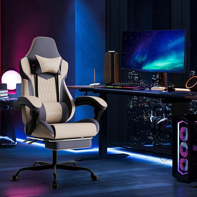 Gaming Chair with Footrest High Back Gaming Chairs PVC Leather Ergonomic Gamer Chair with Adjustable Headrest Lumbar Support Racing Style Video Gaming Chair for Office/Home (Grey)