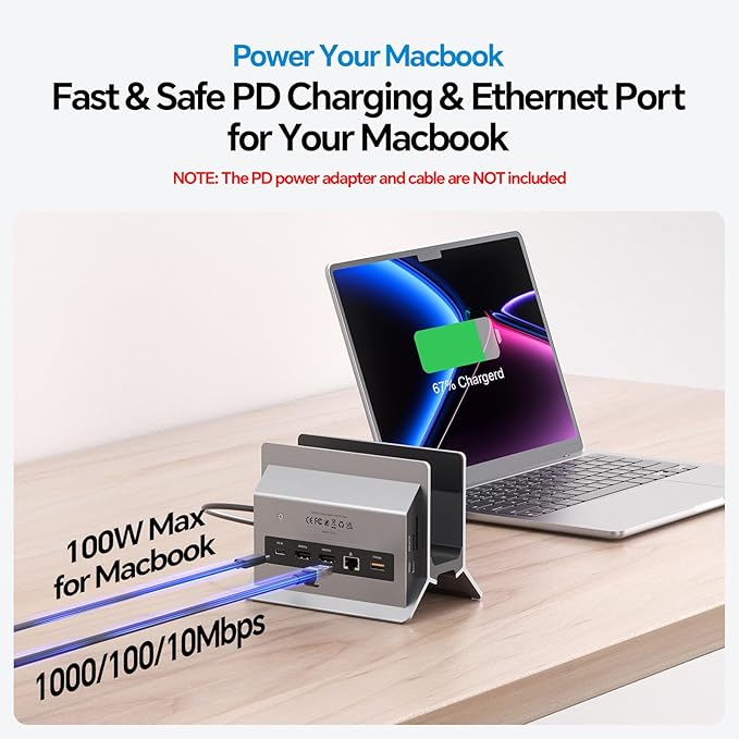 MacBook Docking Station Dual Monitor Vertical Mac Laptop Docking Station Dock Stand with 2 HDMI 4K@60Hz USB A/C 10Gbps PD Ethernet USB 2.0 SD/TF Compatible with MacBook Pro Air M3 M4 M5