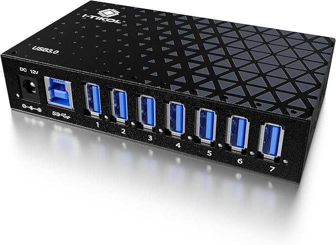7 Port USB 3.0 Hub - Powered USB Hub –Multiple USB Splitter with Built-in 12V/3A/36W Power Adapter - Up to 5Gbps Sync &amp High-Speed Data Transfer - Mounting Brackets for Phone MB Laptop Tablet PC
