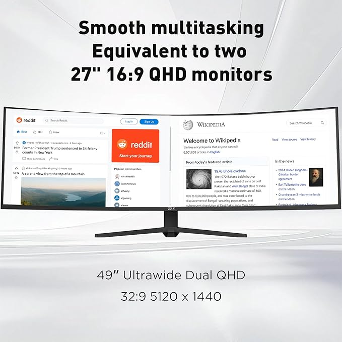 ZZA 49 Inch Curved Monitor 32:9 Dual QHD 5120x1440 Ultrawide Curved Monitor 120Hz with 1500R Curvature 120% sRGB Height Adjustable Stand HDMI 2.1 &amp DisplayPort 1.4