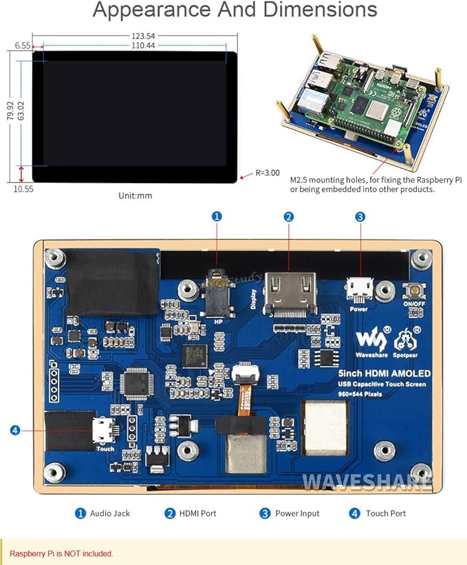5inch HDMI Capacitive Touch AMOLED Display Monitor with Toughened Glass Cover Screen Resolution 960×544 for Raspberry Pi 4 3 Model B B+ Zero Jetson Nano @XYGStudy