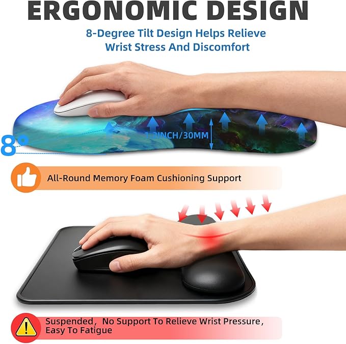 Ergonomic Mouse Pad Wrist Rest Carpal Tunnel Pain Relief Wrist Support Mousepad with Massage Bulge Memory Foam (Nebula 11.8x7.9 in)