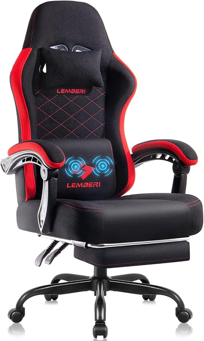 LEMBERI Gaming Chair Fabric Big and Tall Video Game Chairs for Adults with FootrestRacing Style Ergonomic Computer Gamer Chair with Headrest and Lumbar Support (Red)