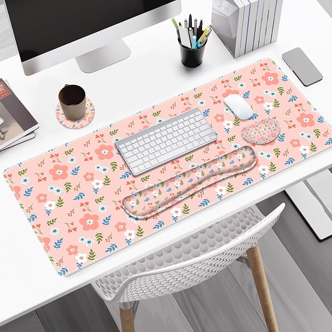 Large Gaming Mouse Pad Set 4 in1 Ergonomics Keyboard Desk Mat with Memory Foam Wrist Rest Computer Extended Game Mousepad Non-Slip Desk Pad Matt Easy Typing Pain Relief I Retro Pastel Style