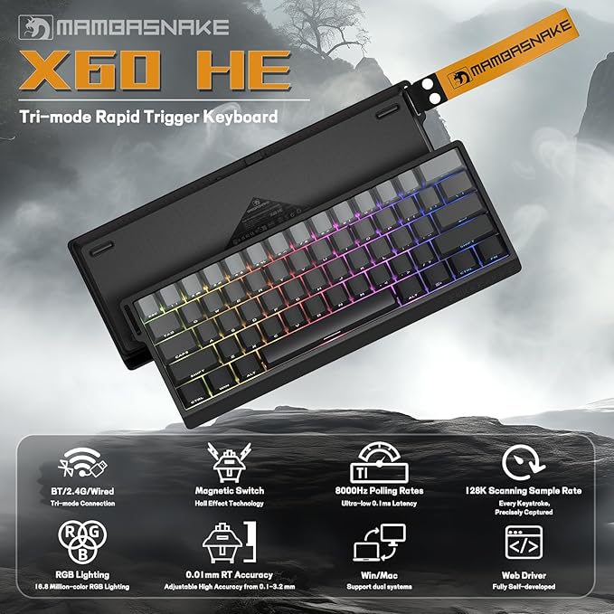 MAMBASNAKE X60 HE 60% Rapid Trigger Wireless Gaming KeyboardHall Effect Magnetic SwitchesAdjustable Actuation0.1ms Ultra-Low Latency 8KHz Polling Rate3-Mode RGBPBT Keycaps for Win/Mac-Moon Night