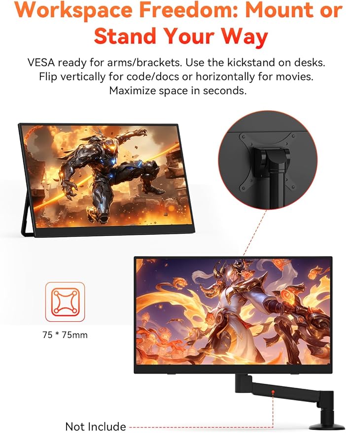 HotYeah 16 2.5K 144Hz Portable Gaming Monitor 2560x1600 QHD 125% sRGB USB-C HDMI Monitor for Laptop External Monitor w/180° Adjustable Kickstand for MacBook Laptop PC Phone Tablet Switch PS5