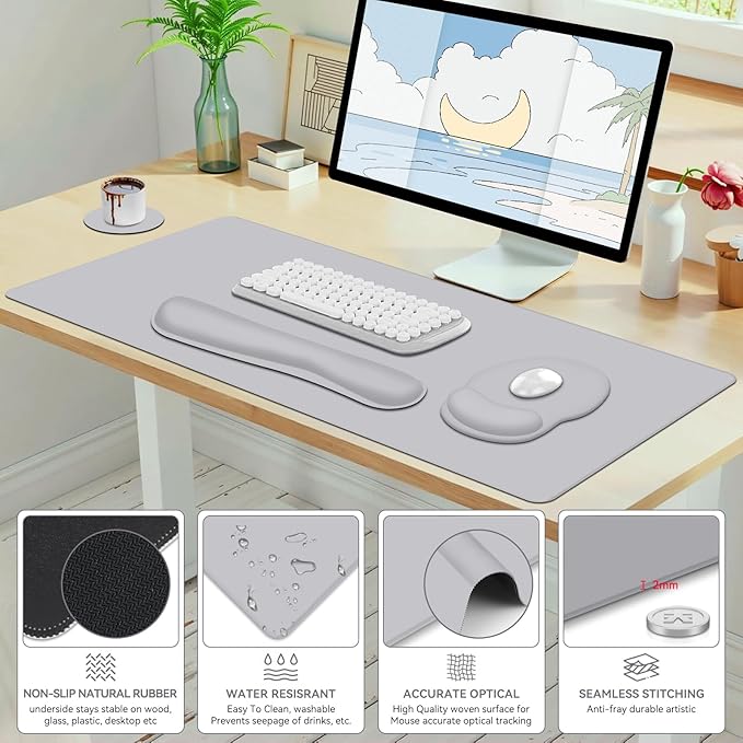 4 PCS Mouse Pad Desk Mat Protector Keyboard Wrist Rest + Comfortable Mouse Pad with Wrist Rest +Coaster Large Gaming Mousepad for Computer Laptop 35.4X 15.7 Deskpad for Office Home I Light Gray