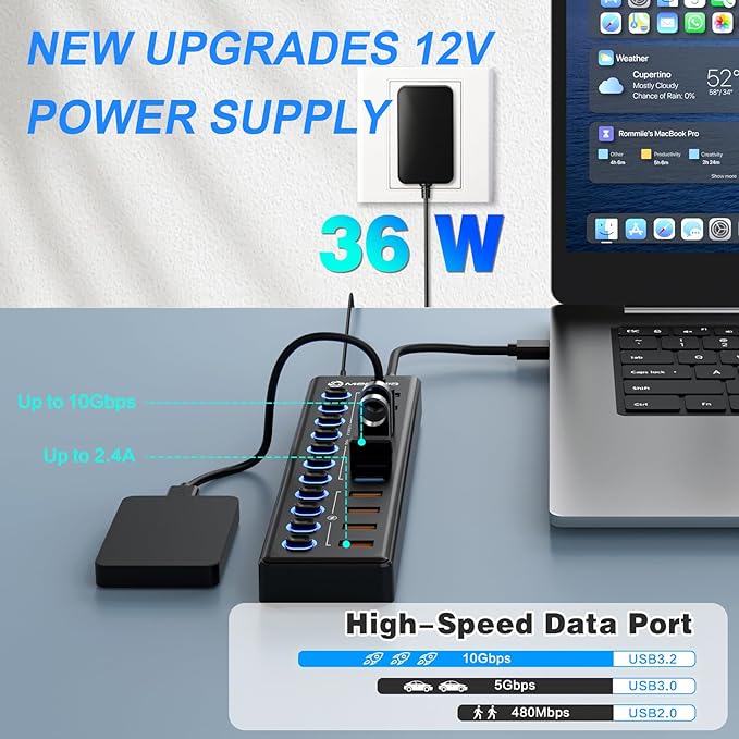 Powered USB Hub MENKSID 11-Port USB Hub 7 USB 3.2 Data Transfer Ports + 4 Smart Charging Ports Independent Switch (with LED Power Indicator) USB 3.2 Hub Powered with Power Adapter for Mac PC