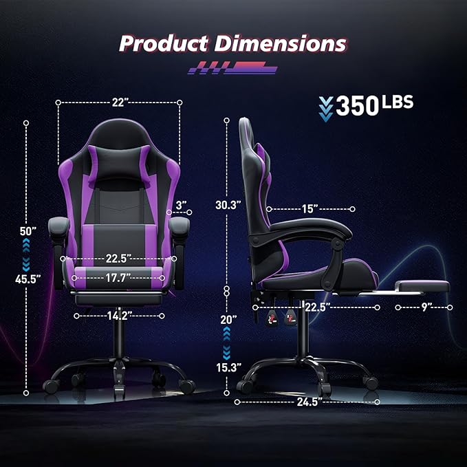 Magshion Gaming Chair for Adults Ergonomic Computer Chair with Linkage Armrests Height Adjustable Gamer Chair with Footrest and Headrest for Home Office 350 Lbs Capacity Purple