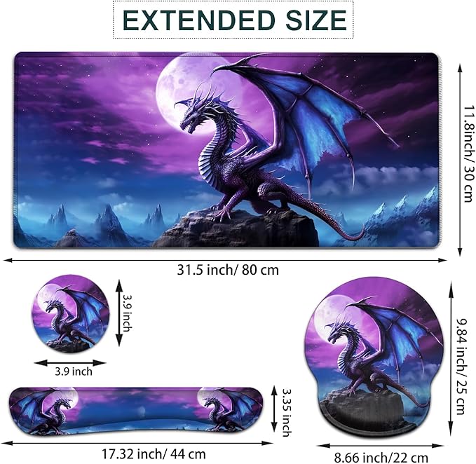 Large Mouse Pad Ergonomic Mouse Pad with Wrist Rest and Keyboard Wrist Rest 4 in 1 Set 31.5 x11.8 inch Extended Desk Pad for Home Office Purple Flying Dragon Pattern XXL Gaming Mouse Mat
