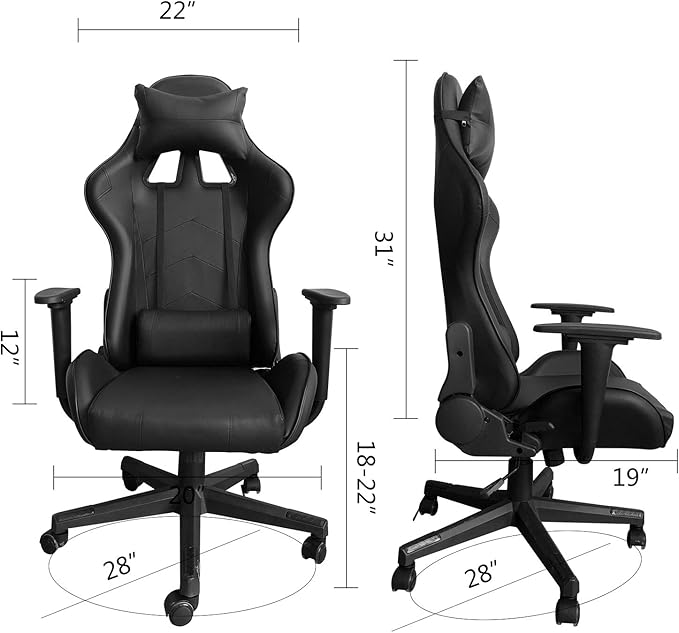 Modern-Depo Gaming Chair with Headrest and Lumbar Support Height Adjustable Swivel Office Chair High-Back Recliner Black