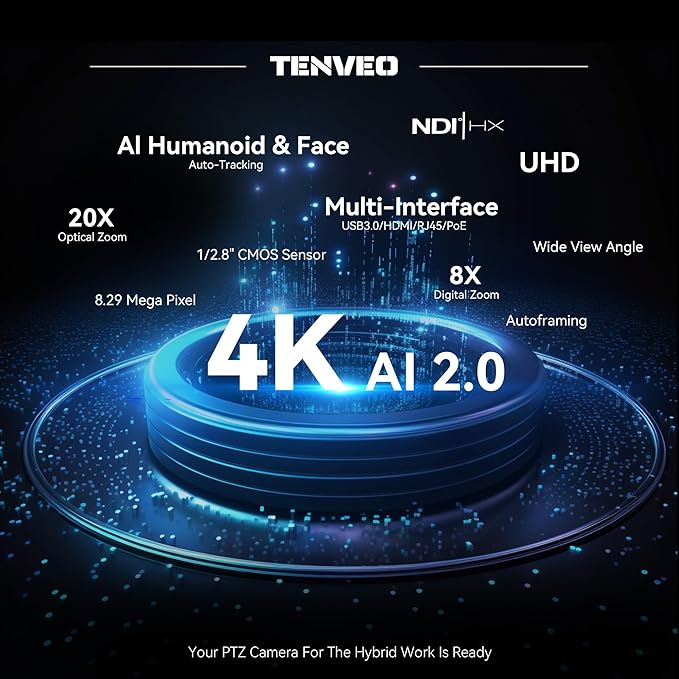 Tenveo 4K NDI PTZ Camera AI Humanoid &amp Face Auto-Tracking 20X Optical + 8X Digital Zoom USB3.0/HDMI/LAN PoE IP Live Streaming for Church Worship Broadcast Events Video Conference YouTube OBS