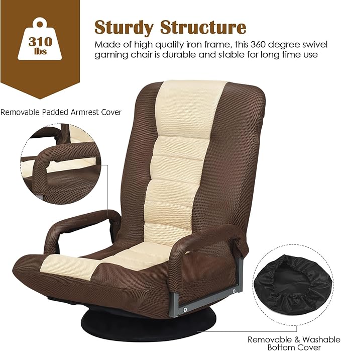 Giantex Floor Gaming Chair 360 Degree Swivel Floor Chair w/Armrests 6 Adjustable Position Padded Backrest Folding Floor Rocker for Games Lazy Sofa Lounger Brown/Beige