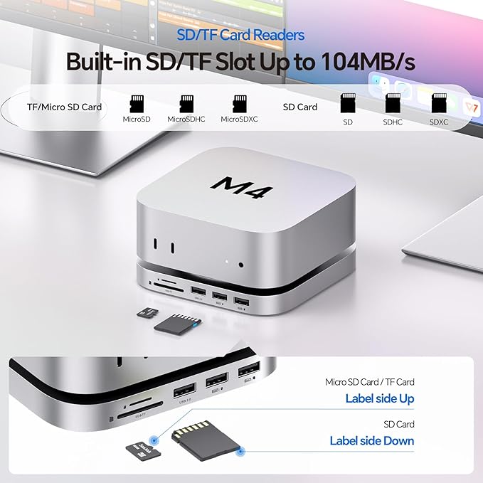 Mac Mini M4 Dock Stand with DP 4K 144Hz &amp HDMI 4K 60Hz Mac Mini M4 Pro Hub with 4TB NVMe SSD Enclosure (SSD NOT Included) 3 USB A 2.0 SD/TF 3.0 3.5mm Audio/Mic USB C Hub for Mac Mini 2024