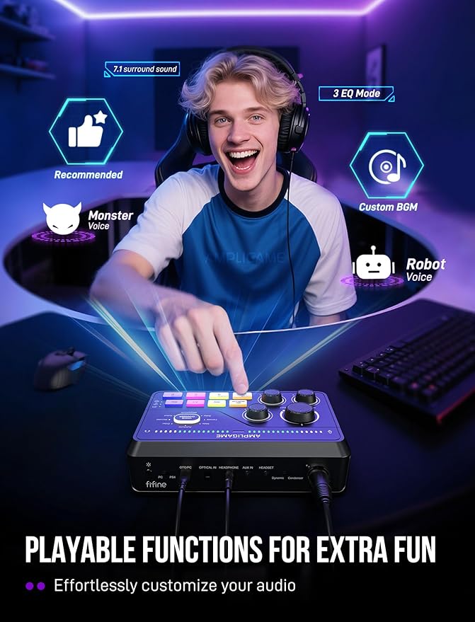 FIFINE XLR Microphone with Gaming Mixer Set USB Dynamic Mic with Streaming Mixer Bundle with Volume Control RGB Lighting 7.1 Surround Sound XLR Interface for Voice Chat Video Creation (AM8+SC8)