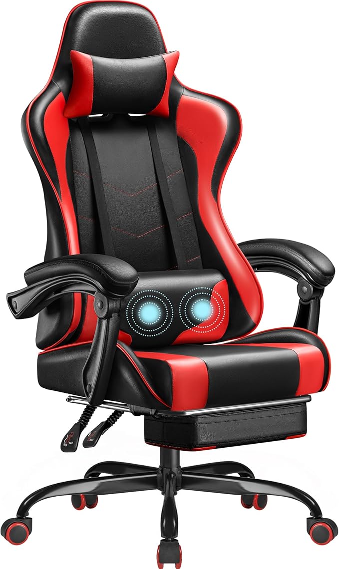 Homall Gaming Chair Video Game Chair with Footrest and Massage Lumbar Support Ergonomic Computer Chair Height Adjustable with Swivel Seat and Headrest (Red)