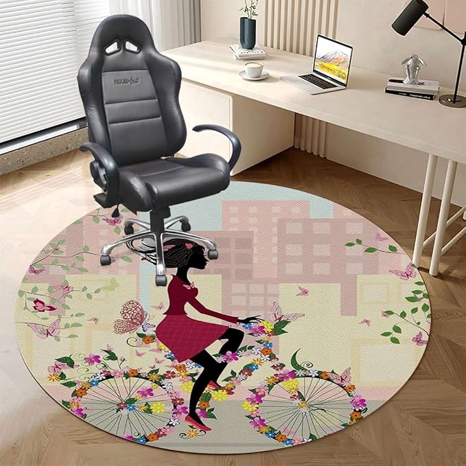 Multicolor PU Leather Round Area Rug Swivel Chair Mats for Hardwood Floor Flowers Butterflies Leaves Branches Image Floor Protector Office Chair Mat Gaming Chair Mat Bicycle Girl Diameter 39.4 in