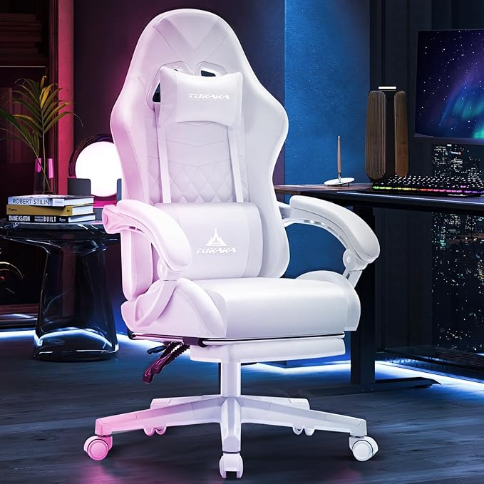 White Gaming ChairErgonomic Massage Computer Office Desk Chair with FootrestPocket Spring CushionReclining Leather Adjustable Gamer Chair with Headrest and Lumbar SupportWhite