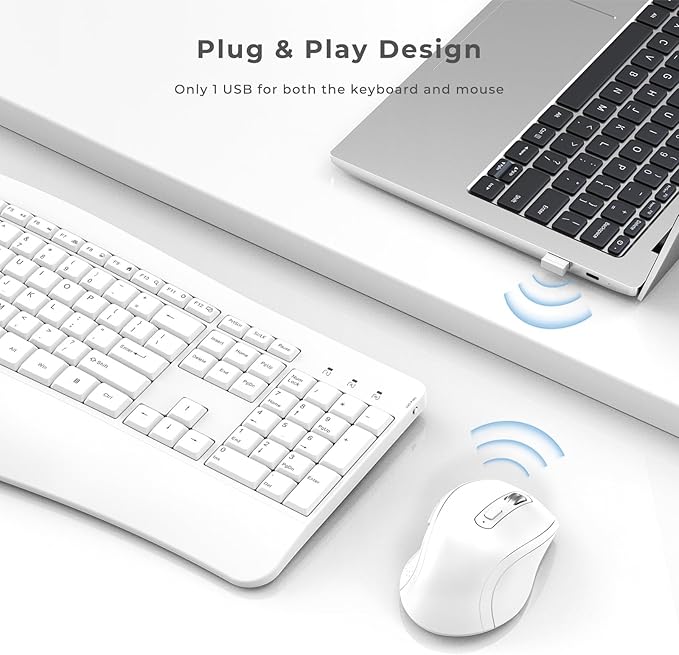 Ergonomic Keyboard and Mouse Combo Full Size Cordless Computer Keyboard with Palm Wrist Rest Ergonomic Mouse for Windows Computers Laptops - White