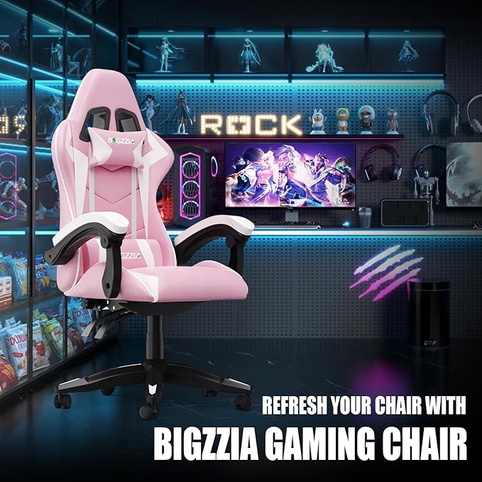 Bigzzia Gaming Chair Ergonomic Video Game Chairs with Pillow and Lumbar Support Racing Style Height Adjustable Computer Chair with 360°-Swivel Seat for Adults and Teens (Pink)