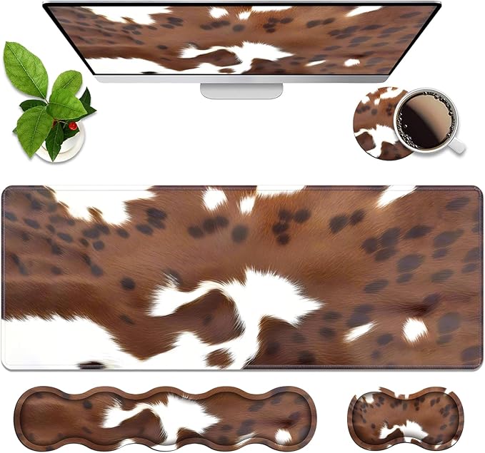 4 in 1 Ergonomic Memory Foam Mouse Pad Wrist Rest Set Large XXL Gaming Desk Pad + Keyboard Wrist Rest + Mouse Wrist Cushion + Coaster for Home Office Study Gaming Brown Cow Print