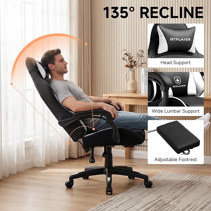 GTPLAYER Gaming Chair High Back Leather Computer Game Chair with Footrest Ergonomic Height Adjustable Office Chair with Removable Cover and Lumbar Support for Gaming and Work (WTwith Leather Cover)