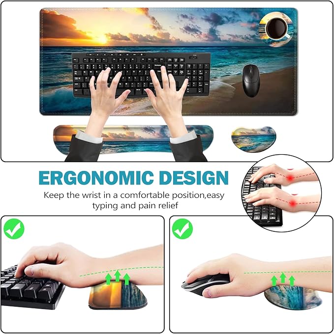 ToLuLu Extended Gaming Mouse Pad Memory Foam Ergonomic Keyboard Mouse Wrist Rest Support Set Large Desk Mat with Stitched Edges Non-Slip Base Mousepad for Home Office Game and Study Sunset