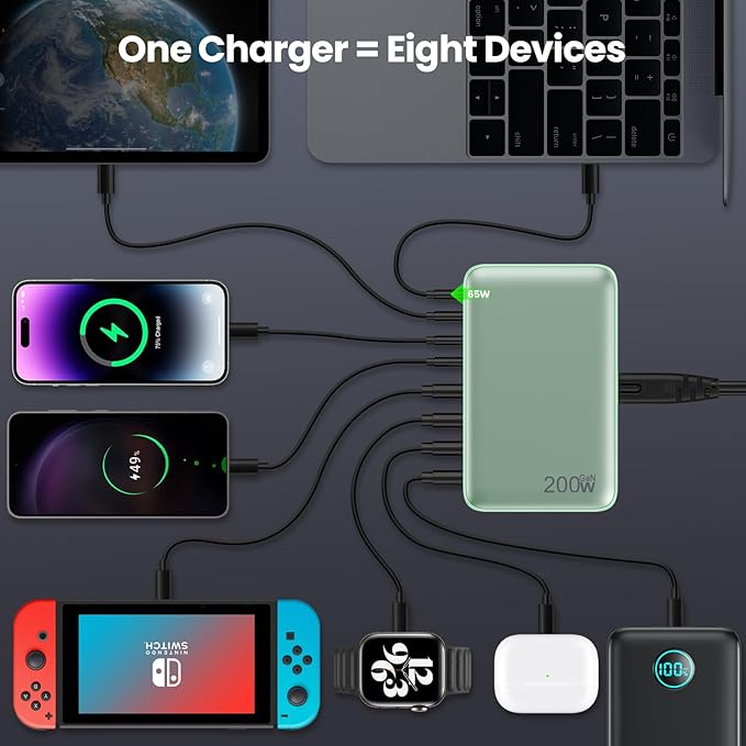 USB C Charger 200W USB C Charger Block GaN III 8-Port Fast Charging Station PD 65W Laptop Charger Adapter Compatible with MacBook Pro/AirDELLHP SurfaceiPhone 15/14/13Galaxy S23/22 (G)
