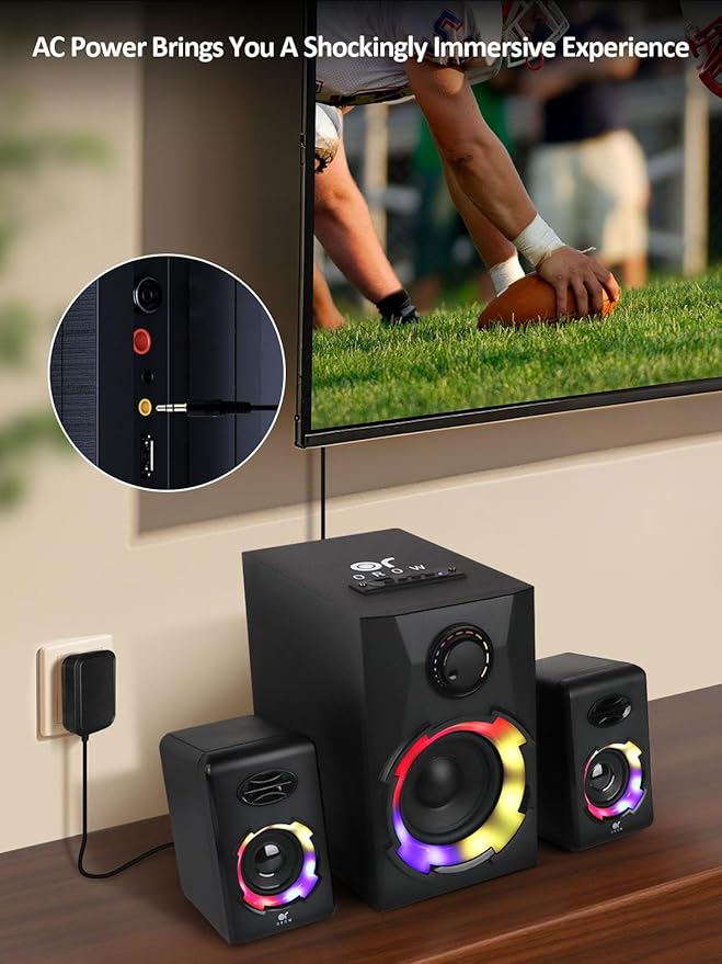 OROW Computer Speakers40W PC Speakers with SubwooferGaming Speakers with BassAC PoweredSupport Bluetooth&ampSD&ampUSB Play 2.1 Multimedia Speakers System with RGB LightGreat for TV/Projector/P