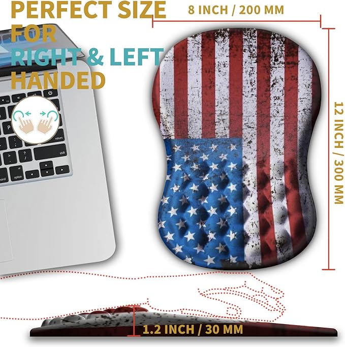 Hokafenle Ergonomic Mouse Pad Wrist Support with Massage Design Wrist Rest Pain Relief Mousepad with Memory Foam&ampNon-Slip PU Base Mouse Pads for Wireless Mouse &amp Desk (12x8 inchUSA Flag)