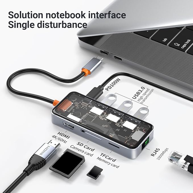 DroiX NT8 Clear USB Hub with Ultra-Fast RJ45 Gigabit Ethernet 4K HDMI 2.0 Output Rapid 100W PD Charging Versatile 3X USB Type-A 3.0 Ports Dual Micro/SD Card Readers Sleek Design.