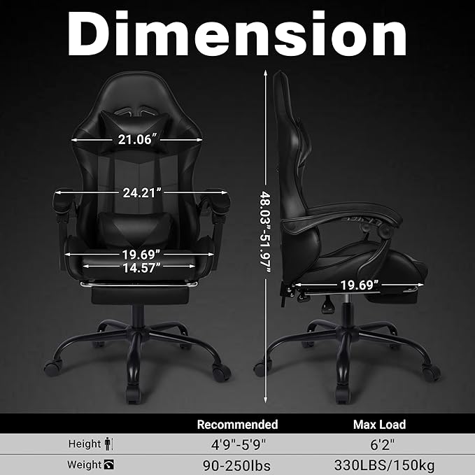 Gaming Chair Ergonomic Computer Chair with Footrest and Lumbar Support Height Adjustable Office Chair with 360° Swivel Seat and Headrest (Black)