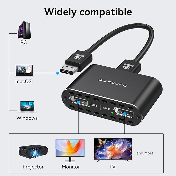 DisplayPort to Dual DisplayPort Adapter Dual 4K120Hz or 4K144Hz+4K60Hz Extend/Copy Mode/SST/MST to 2 DP Display Port Adapter for 2 Monitors (MacOS Only Supports SST Mode No DP Cable)