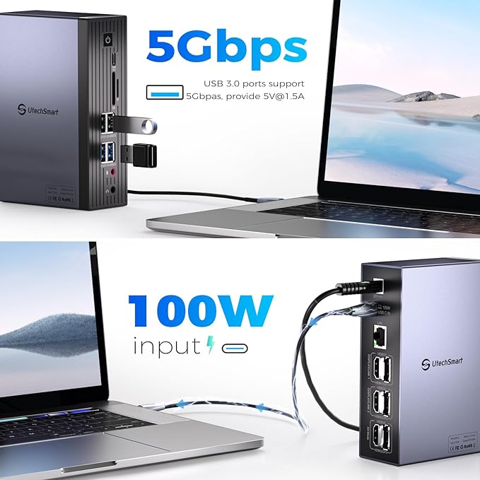 UtechSmart 3 Monitor 18 in 1 Docking Station 4K@60Hz Thunderbolt 3/4 USB-C Windows &amp MacBook Grey