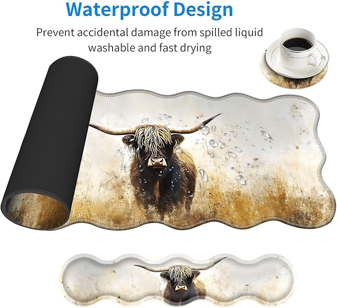 Large Mouse Pad and Keyboard Wrist Rest Desk Pad for Keyboard and Mouse 4-in-1 Large Gaming Mouse Pad with Wrist Support Desk Mat for Home Office Study Game-Vintage Highland Cow