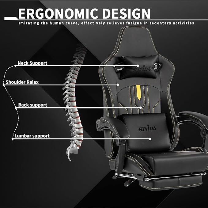 Gaming Chair with Footrest Ergonomic Computer Chair Massage Lumbar Cushion Racing Video Game Chair Adjustable Rocker Recliner Executive Office Desk Chair Pu Leather for Adults