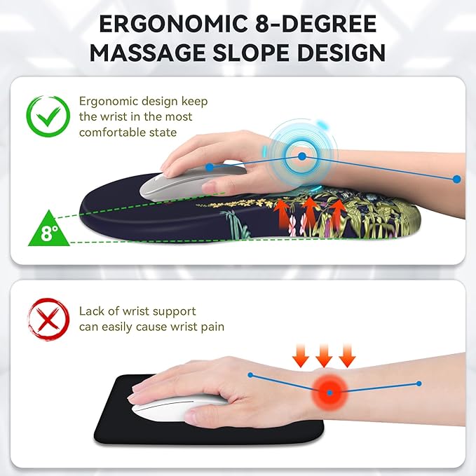 AIMSA Upgraded Wrist Rest Support Mouse Pad Ergonomic Mousepad Massage Memory Foam Design Pain Relief Comfortable Wrist Cushion Mat Non-Slip PU Base for Home Office Flowers Plants