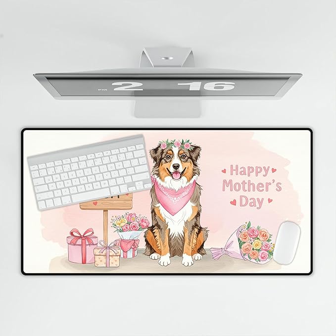 Happy Mother's Day Australian Shepherd Love Dog Mom Heart Flower Desk Mat Full Keyboard Mouse Pad Aussie Dog Lover Gifts Large Mousepad 12004