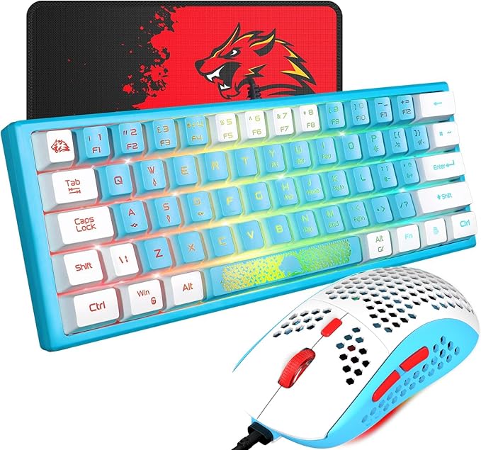 60% Gaming Keyboard and Mouse Combo Duble Color Keycaps Samll RGB Backlight Mechanical Feeling and Mechanical RGB 6400 DPI Honeycomb Optical MouseGaming Mouse pad for Gamers and Typists