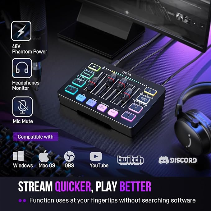 FIFINE USB/XLR Dynamic Microphone with Audio Mixer&ampRGB Boom Arm Kit Streaming Mic with Quick Mute PC Mixer with 48V Phantom Power RGB Metal Mic Arm with 3/8 to 5/8 Screw for Podcast-AM8+SC3+B
